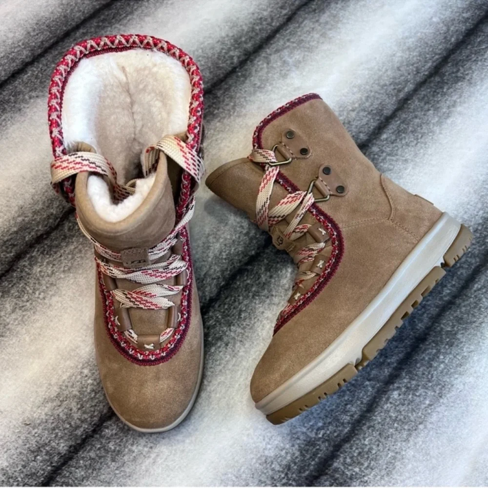 UGG Tan Suede Winter Boots with Red Trim